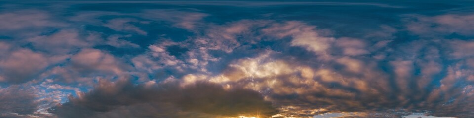 Sunset sky with bright glowing pink Cumulus clouds. Seamless spherical HDR 360 panorama. Full zenith or sky dome in 3D, sky replacement for aerial drone panoramas. Climate and weather change.