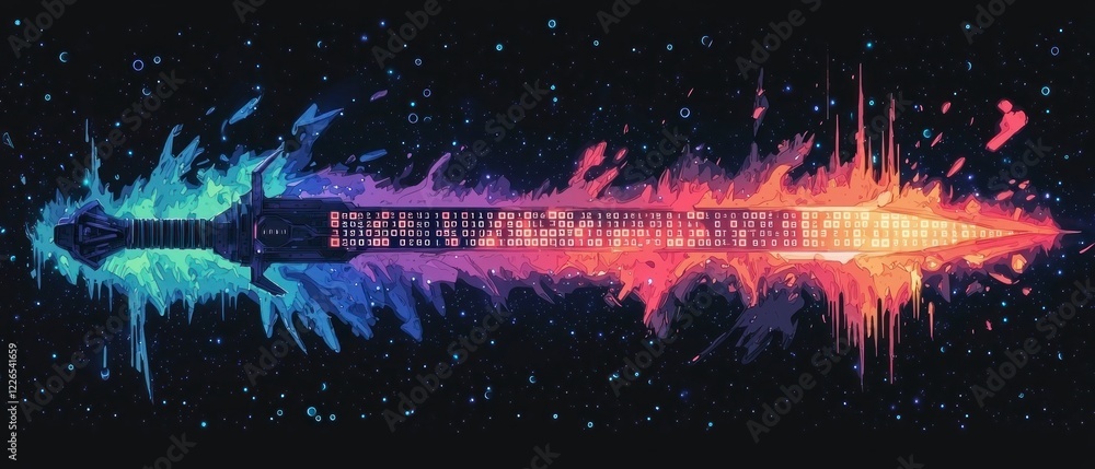 Poster abstract digital sword binary code cosmic art neon colors