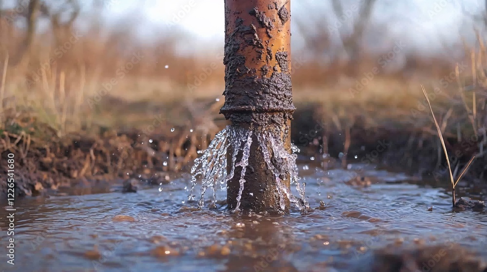 Poster water flowing from a dirty pipe in a field creating a small puddle on a blurred background