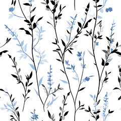 Seamless Pattern of Black, Blue, and White Wildflower Willow Silhouettes on White Background