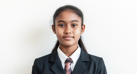 Indonesian teenage girl. Young Malay student. Mixed-race kid. Asian and black preteen in white shirt and black blazer