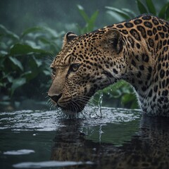 A leopard drinking from a misty jungle pool.