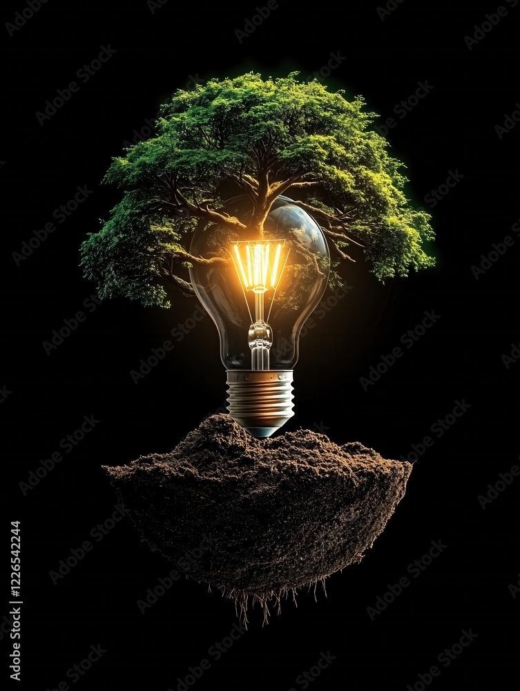 Poster tree growing inside light bulb on floating soil island against dark background concept