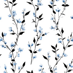 Seamless Pattern of Black, Blue, and White Wildflower Willow Silhouettes on White Background