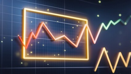 A digital screen displaying a line graph with multiple colored lines moving upward, over a dark grid background with glowing data points