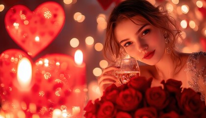 Romantic Woman with Red Roses and Champagne in Candlelight