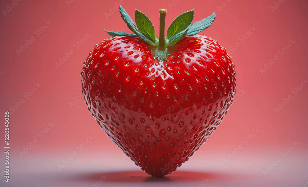 Poster a red strawberry with a green leaf on top. the strawberry is shaped like a heart. the image has a wa