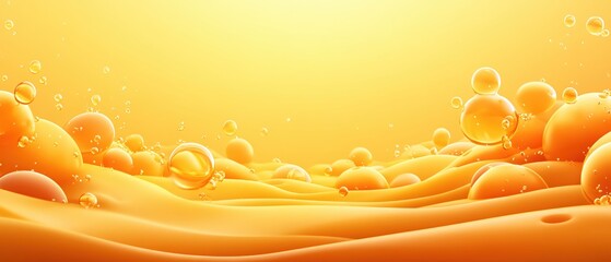 Golden liquid with floating spheres and bubbles in a warm tone abstract background