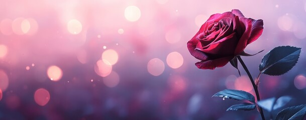 Obraz premium Single Dew-Kissed Red Rose Against a Soft Pink and Purple Bokeh Background