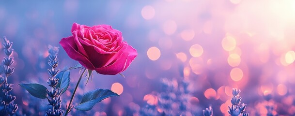 Single Pink Rose with Lavender in Soft Light