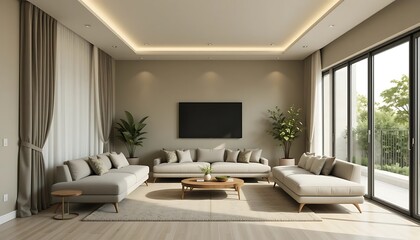 Modern Beige Living Room With Large Windows And Neutral Decor