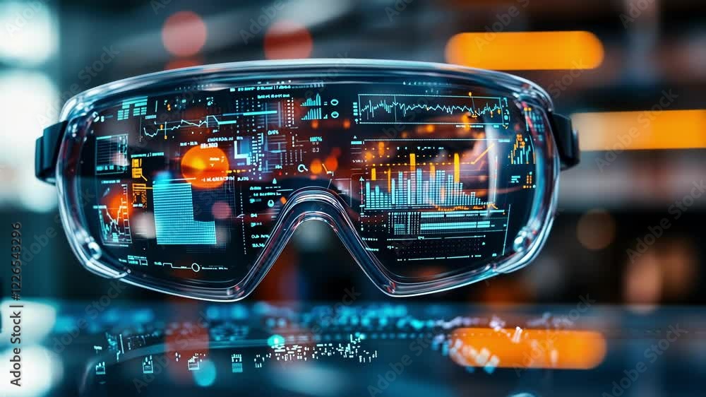 Poster futuristic smart glasses displaying manufacturing data and analytics in augmented reality, enhancing