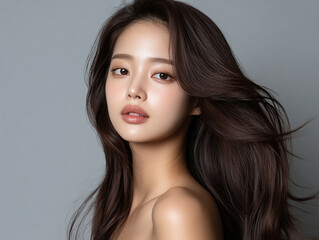 Naklejka premium Model with flowing hair poses against gray backdrop
