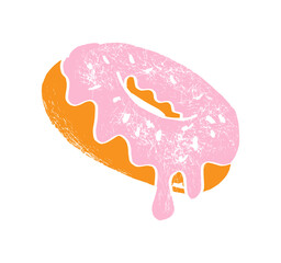 Hand drawn cartoon doughnut textured on white background. Vector illustration.