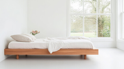 Bright and airy bedroom with wooden bed and natural light from large windows