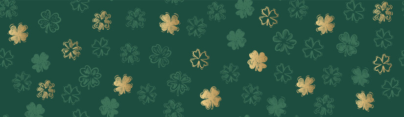 Gold Clover pattern on green, Saint Patricks Day, hand drawn illustrations.	
