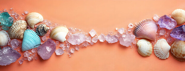 Obraz premium Seashells, crystals, coral backdrop