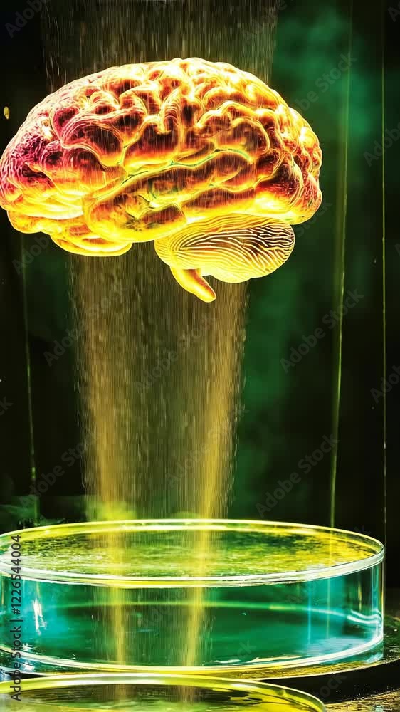 Poster mind and matter merge as a glowing brain floats in mid-air surrounded by shimmering particles