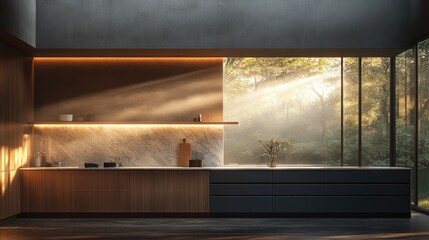 Modern kitchen, sunrise forest view, minimalist design, sunlight beams
