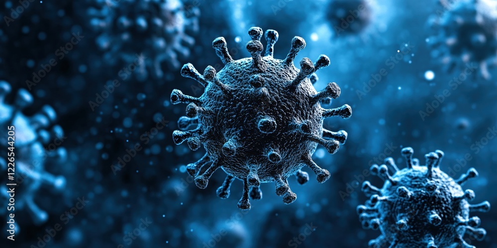 Poster microscopic view of virus particles floating in a dark blue fluid with bokeh effect