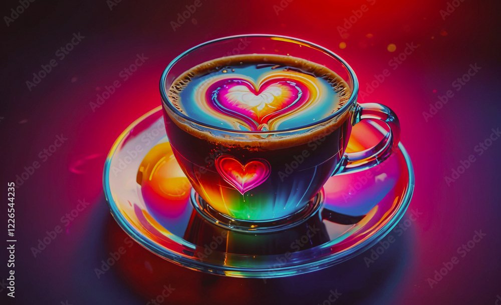 Poster a cup of coffee with a heart on it sits on a saucer. the coffee is a mix of different colors, creati
