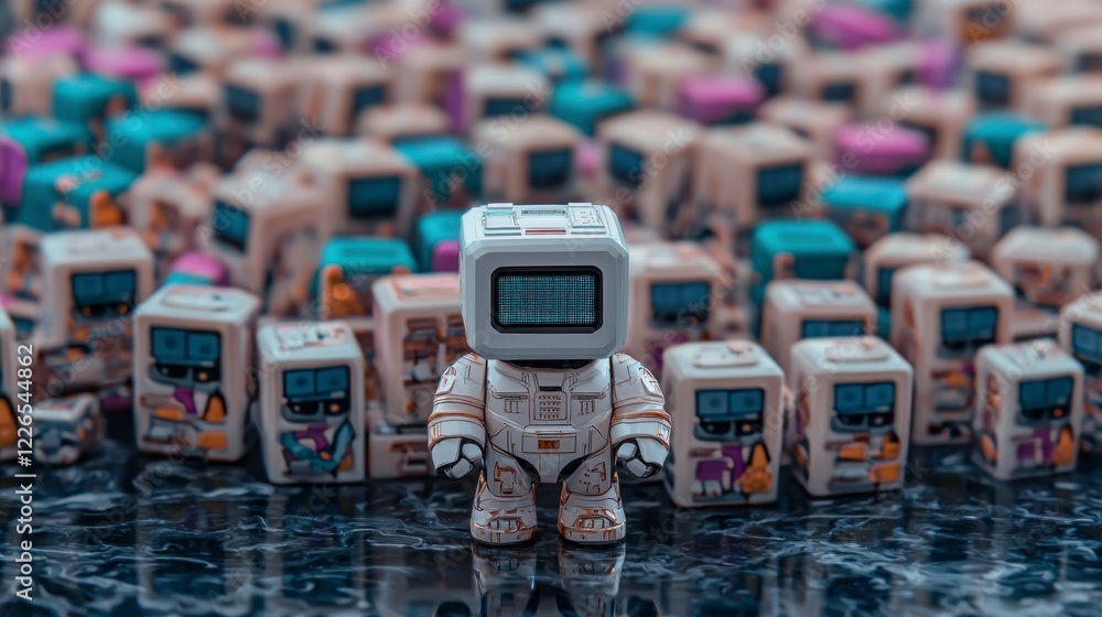 Poster unique robot in crowd of cubes ai technology future innovation digital