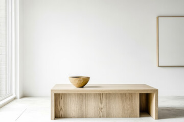 Elegant wooden table and natural bowl in minimalistic interior design space
