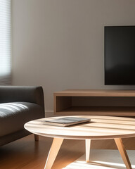 Modern living room with a minimalist design featuring a wooden coffee table and television