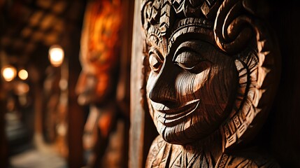 Intricate Wooden Carving Of A Smiling Deity