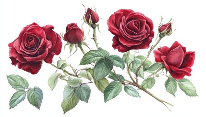 Watercolor Painting of Red Roses and Buds