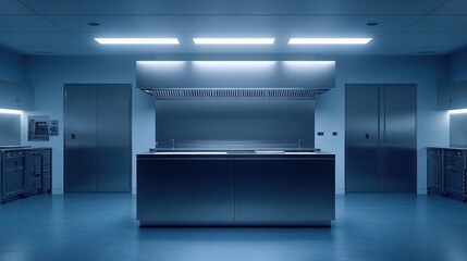 Modern stainless steel kitchen, blue light, doors, culinary
