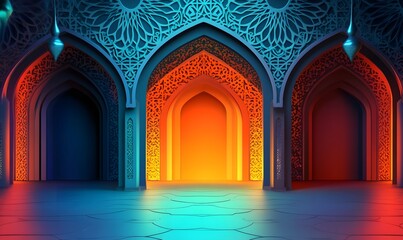 Illuminated Islamic arches, vibrant interior, glowing backdrop, Ramadan greeting