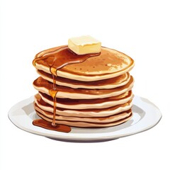 A stack of fluffy pancakes with maple syrup and a pat of butter, isolated white background, pop art...