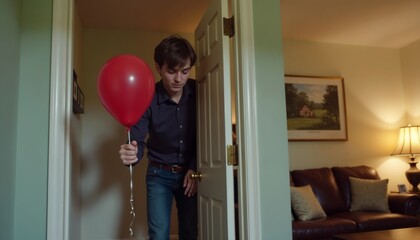 Clever trickster hiding behind a door with a balloon ready to pop in a home setting with soft lighting
