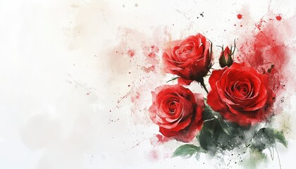 Watercolor Painting of Red Roses Bouquet