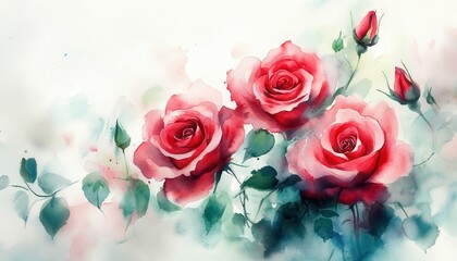 Watercolor Painting of Red Roses in Bloom