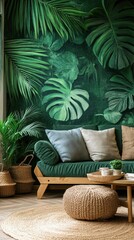 Tropical green living room with botanical wallpaper and natural elements creating a relaxing mood