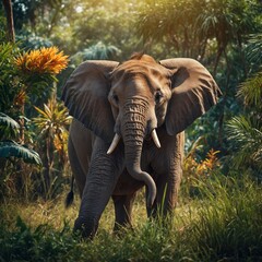 Create a collection of cute cartoon-style African and jungle animals, including an elephant, lion, giraffe, monkey, and zebra. 