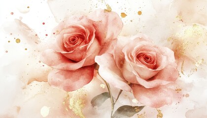 Watercolor Painting of Two Blush Pink Roses with Gold Accents