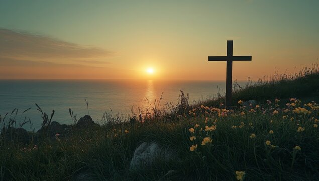 photo of cross on the hill at sunset - Powered by Adobe
