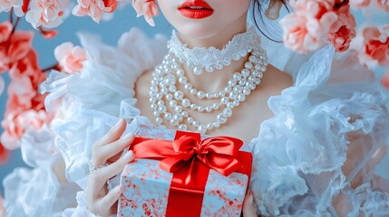 Fototapeta premium Valentine, classic and wife: Woman in pearl jewelry and a vintage gown holding a gift box with red ribbon, surrounded by soft pastel flowers.