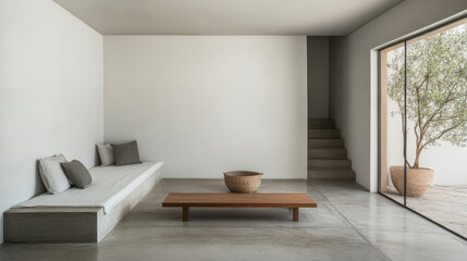 Modern minimalist living space with natural elements and open layout