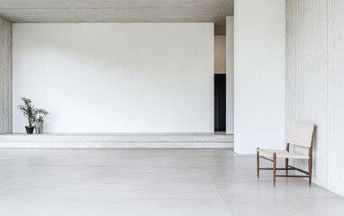 Minimalist interior design with a single chair and potted plant in a spacious room