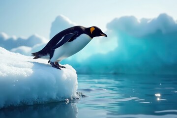 Fototapeta premium Adelie penguin leaps from iceberg into ocean waves , antarctic landscape, ice