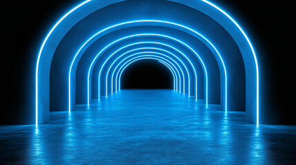 Obraz premium Abstract Blue Neon Archway Tunnel Digital Background Modern Futuristic Light Design Glow Dark Lines 