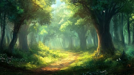 Fototapeta premium Sunlit forest pathway serene nature landscape tranquil environment ground level natural beauty