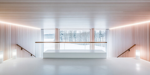 A serene interior showcases sleek lines and minimalist design elements