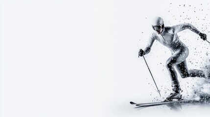 Fototapeta premium Professional skier in a white suit and helmet speeds down a snowy slope against a bright white background.