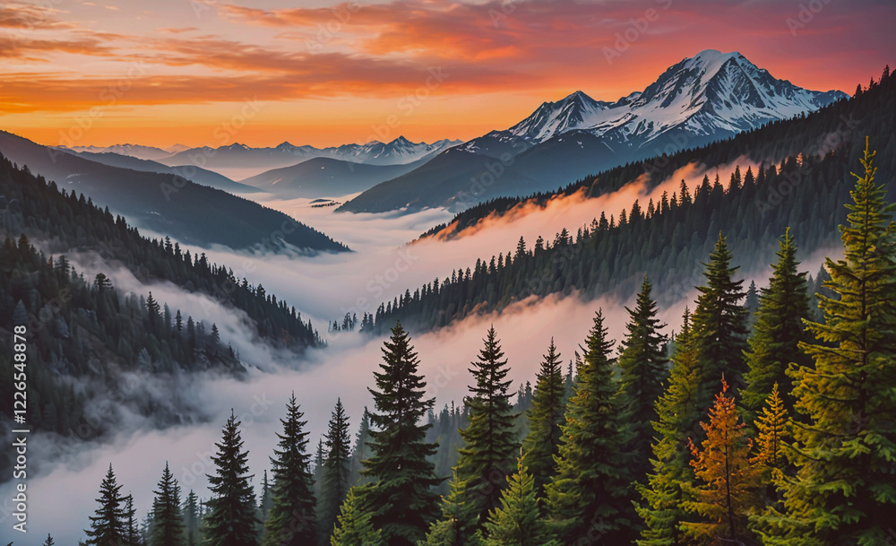 Aufkleber A mountain range with a foggy mist and a beautiful orange sky. The mountains are covered in trees and the sky is filled with clouds. The scene is serene and peaceful, with the mist adding a sense of