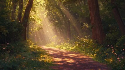 Fototapeta premium Sunlit pathway through serene forest nature scene tranquil environment